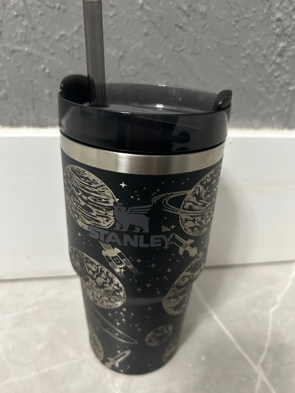 Engraved Stanley Black Space-Graphic Travel Tumbler with Silver Accents